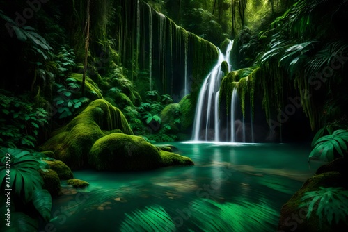 A cascading waterfall hidden within a dense  emerald-green jungle.