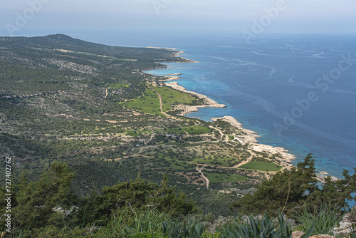Aerial view of Akamas Peninsula as seen from Moutti tis Soitras highest viewpoint (370 m) of Aphrodite Nature Trail, Neo Chorio and Latsi villages, Pafos district, Cyprus 