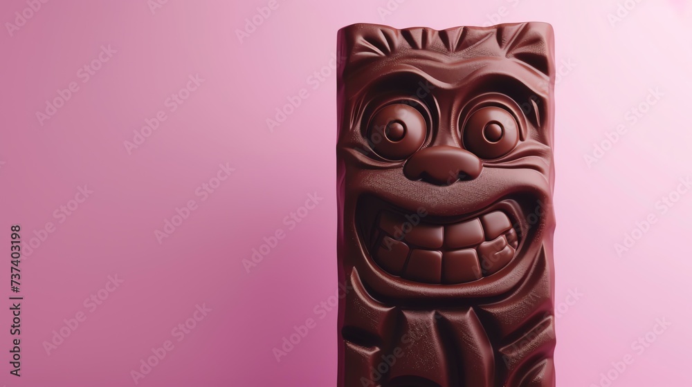 A mouth-watering, hyper-realistic chocolate bar in the shape of an adorable troll, captured beautifully in this stunning image. Isolated on a dreamy pastel pink background, this delectable t