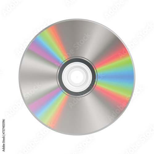 A CD optical media of a plastic disc with a hole in the center with light diffraction.