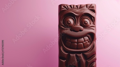 A mouth-watering  hyper-realistic chocolate bar in the shape of an adorable troll  captured beautifully in this stunning image. Isolated on a dreamy pastel pink background  this delectable t