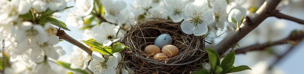 A serene image of a well-camouflaged nest with small eggs, cradled in the branches of a tree bursting with white blossoms, under the clear, bright sky of early spring.