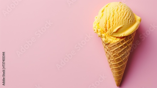 A vibrant and delicious yellow ice cream treat delicately placed on a soft pink background, tempting your taste buds with its creamy goodness. Perfect for summer-themed designs and confectio photo