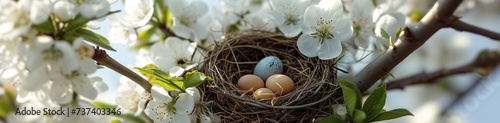 A serene image of a well-camouflaged nest with small eggs, cradled in the branches of a tree bursting with white blossoms, under the clear, bright sky of early spring.
