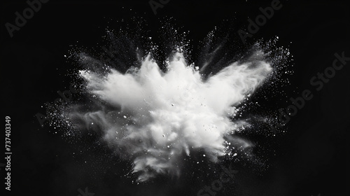 A mesmerizing white powder explosion captured in vivid detail against a mysterious black background, creating a dramatic and dynamic image. Ideal for adding a touch of energy and excitement