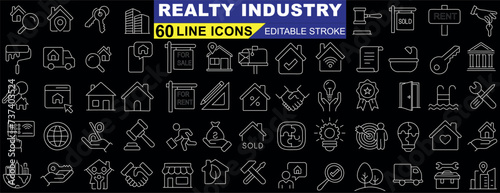 Realty industry, 60 editable stroke line icons, real estate elements, house, rent, sold signs, property management, contracts, investments