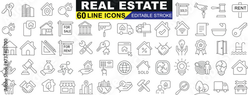 Real Estate line icon set, editable stroke. Houses, apartments, sold signs, rent indicators. Perfect for websites, apps, advertisements. Enhance user experience with clear, intuitive icons