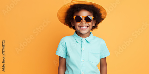 Smiling African American child in a blue shirt and hat with sunglasses posing against a bright orange background. Free space for product placement or advertising text. photo
