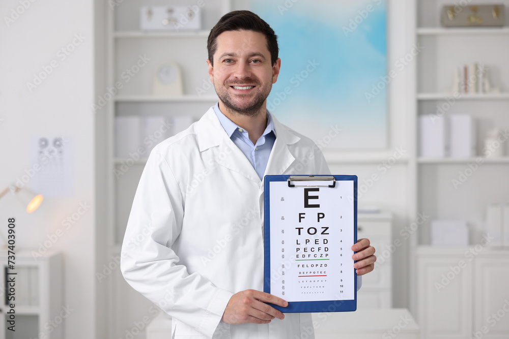 Ophthalmologist with vision test chart in clinic