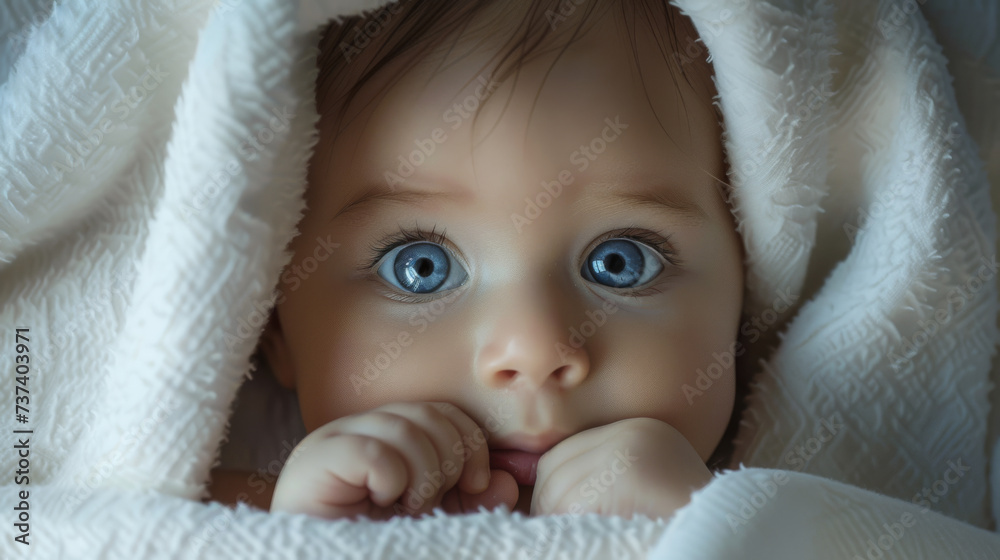 close-up of a baby with large green eyes peering out from under a white knitted blanket, with a soft, focused gaze. close-up of a baby with large green eyes peering out from under a white knitted blanket, with a soft, focused gaze.
