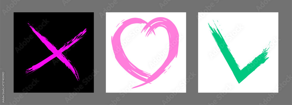 The cross, heart and OK symbol are hand-drawn with a brush. Prohibition, denial, error. Love. Approval, consent. Vector, set of 3 characters The cross, heart and OK symbol are hand-drawn with a brush. Prohibition, denial, error. Love. Approval, consent. Vector, set of 3 characters