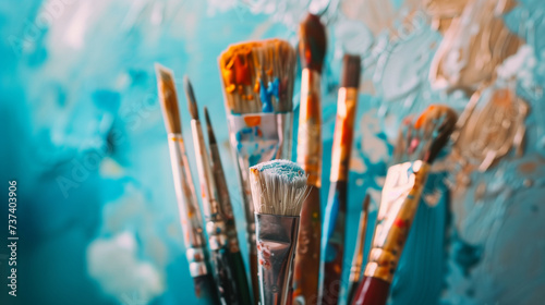 Paint brushes and paints on a blue background, close-up