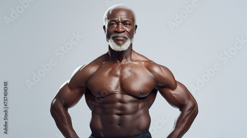 Muscular elderly African American man posing against a light background. Gym or sports exercise banner layout. Free space for product placement or advertising text.