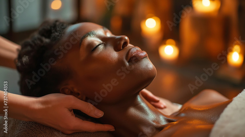 Attractive black woman enjoying relaxing massage at spa salon photo