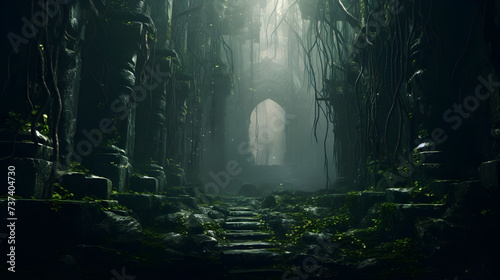 A path in a dark forest with a man in a white suit on the ground,, A dark tunnel with a light at the end