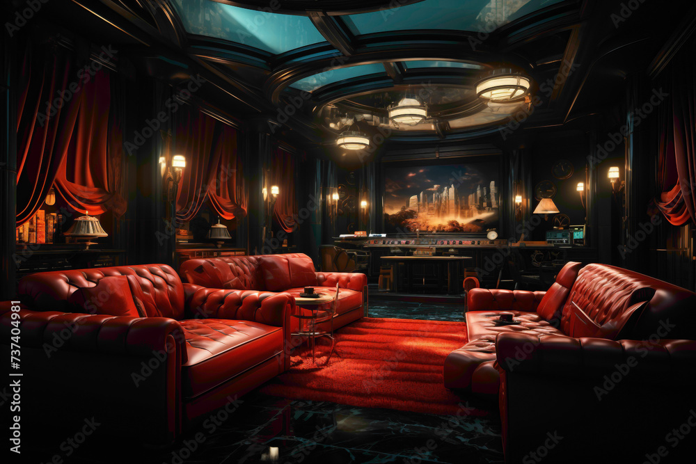 Visualize the interior of a classic cinema, featuring vintage-inspired decor, iconic movie posters, and a screen that transports you to another world.