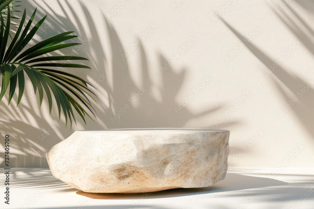 Natural stone empty podium pedestal with tropical leaves shadow for your product presentation. Natural stone empty podium pedestal with tropical leaves shadow for your product presentation.
