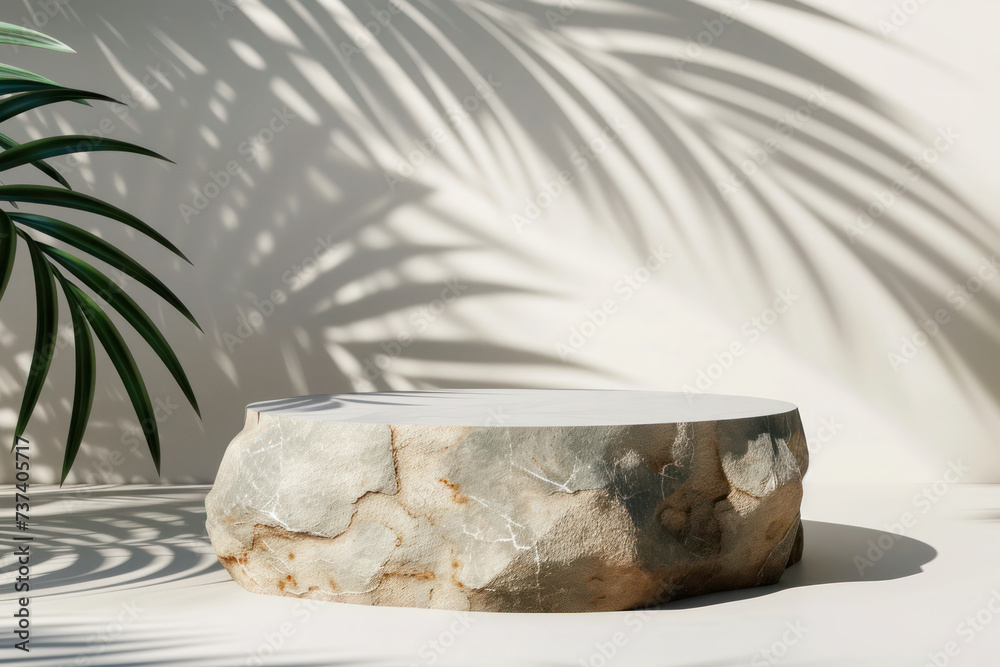 Natural stone empty podium pedestal with tropical leaves shadow for your product presentation. Natural stone empty podium pedestal with tropical leaves shadow for your product presentation.