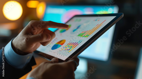 A professional is analyzing financial data on a tablet, interacting with charts and graphs displayed on the screen in a corporate setting.