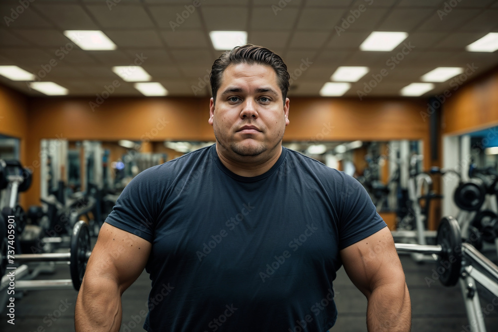 A man with obesity standing in front of a gym machine, ready to start his workout. A man with obesity standing in front of a gym machine, ready to start his workout.
