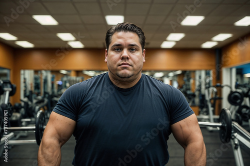 A man with obesity standing in front of a gym machine, ready to start his workout.