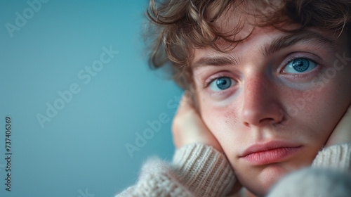 Retrato de cerca de un chico joven, guapo, de ojos azules, sobre fondo azul claro.