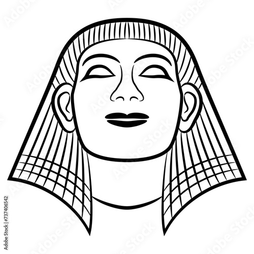 Head of ancient Egyptian man or pharaoh wearing nemes hat. Black and white linear silhouette.