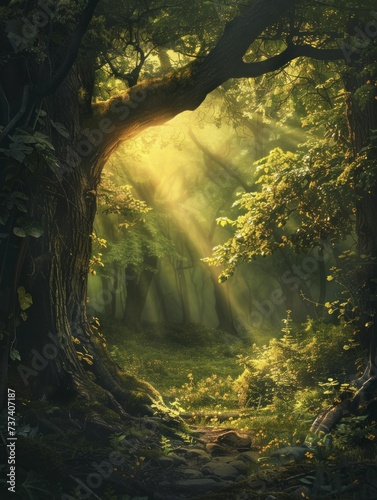 A quiet forest nook with a sunbeam spotlight  symbolizing solitude and reflection in nature scenes