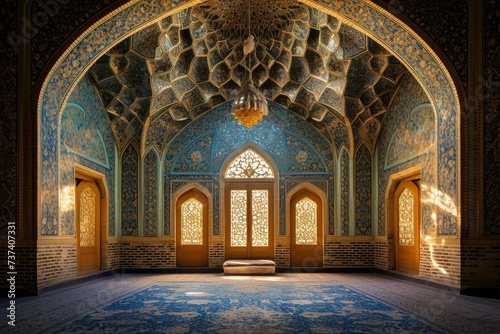 Interior of a gorgeous mosque. beautiful interior design with floral background of a mosque. islamic architectural building. decorative design inside a mosque.