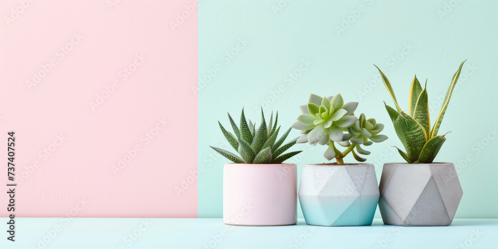 Little succulent plants in modern geometric concrete planters on pastel background. Scandinavian room interior decoration.