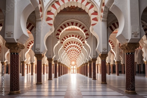 Peaceful view of a mosque inside. beautiful interior of a mosque. masjid interior. islamic construction. holy place.