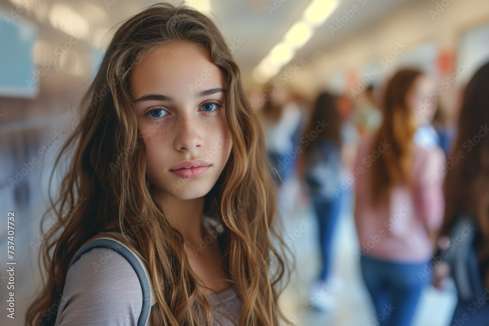 Sad teenage girl standing in a school hallway. Teen student showing signs of depression, stress, and anxiety. Anti-bullying week concept.