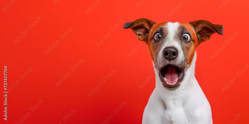 Surprised shocked dog with open mouth and big eyes isolated on flat solid background. - obrazy, fototapety, plakaty 