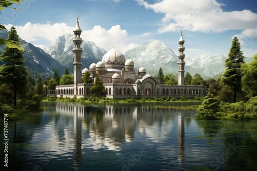 Beautiful view of the mosque on the background of the mountains. mosque reflection on water. islamic architechtiral mosque with a lake, panorama view.