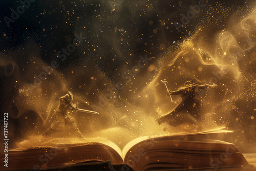 Fairytale book about mystical creatures and magical adventures. Two knights made of light particles fighting above the pages of fantasy story. Encouraging kids to read books.