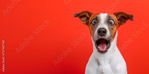 Surprised shocked dog with open mouth and big eyes isolated on flat solid background. photo