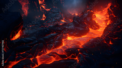 A screenshot of a lava flow with the sun shining through it,,
Red Orange vibrant Molten Lava flowing onto grey lavafield and glossy rocky land Pr
 photo