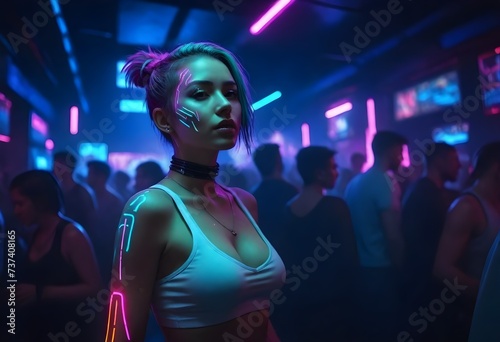 A white female around 25 years old, with pink hair tied up in a bun, wearing a white crop top with neon light accents, a black choker, in a nightclub setting with other people in the background
