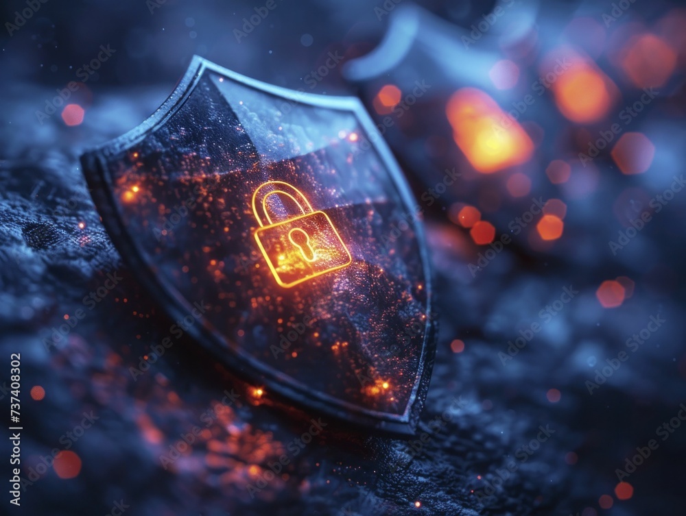 Neon blue shields and padlocks light up, symbols of cybersecurity and ...