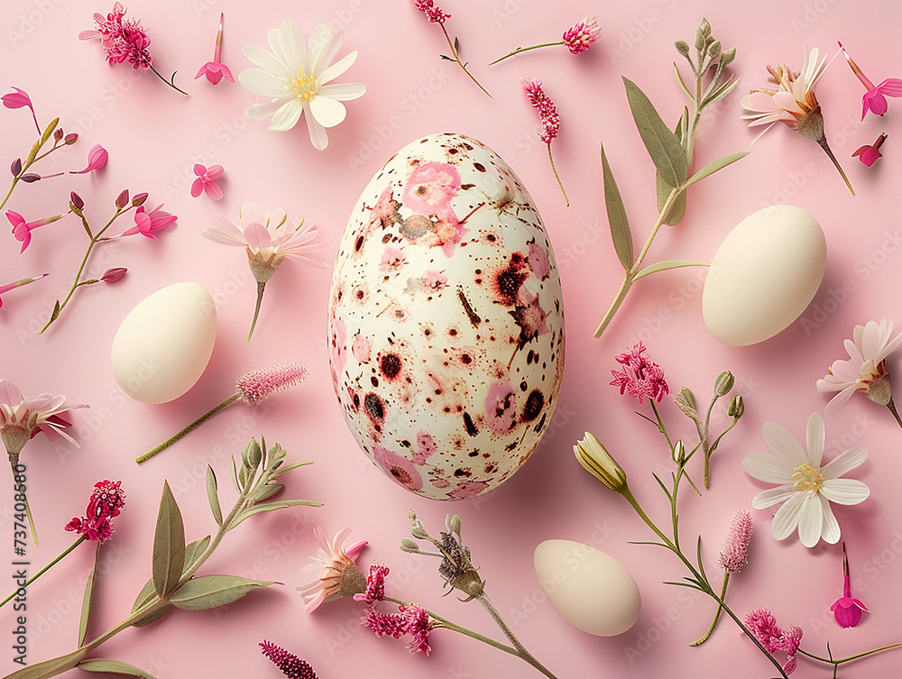 uovo di quaglia  ricoperto o fatto da fiori e foglie e uova di quaglia , sfondo rosa scontornabile, spazio per testo ,  - obrazy, fototapety, plakaty 