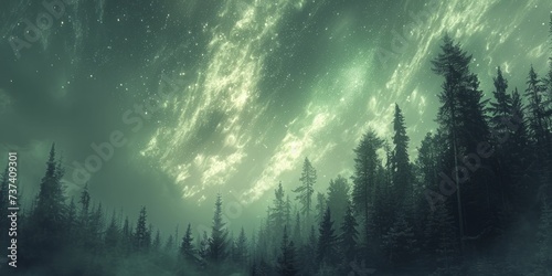 Northern lights over a silent forest, illustrating the magical and healing light of nature