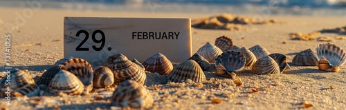 sign that says "29.february" on a wooden board, at the beach with shells in the sun