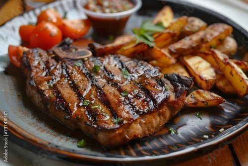 Delicious steak with potato skillet and side dishes