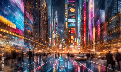 Motion-blurred cityscape with dynamic financial elements