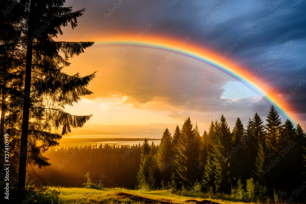 Vibrant rainbow landscape: serene hills, lush forests, and nature's beauty