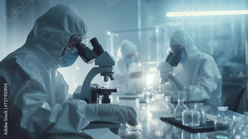 A group of scientists in lab looking through microscope in darkness