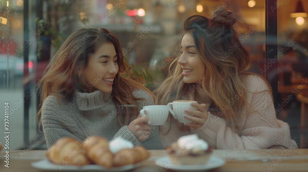 Two happy individuals are sharing content on a smartphone together in a cozy coffee shop setting.