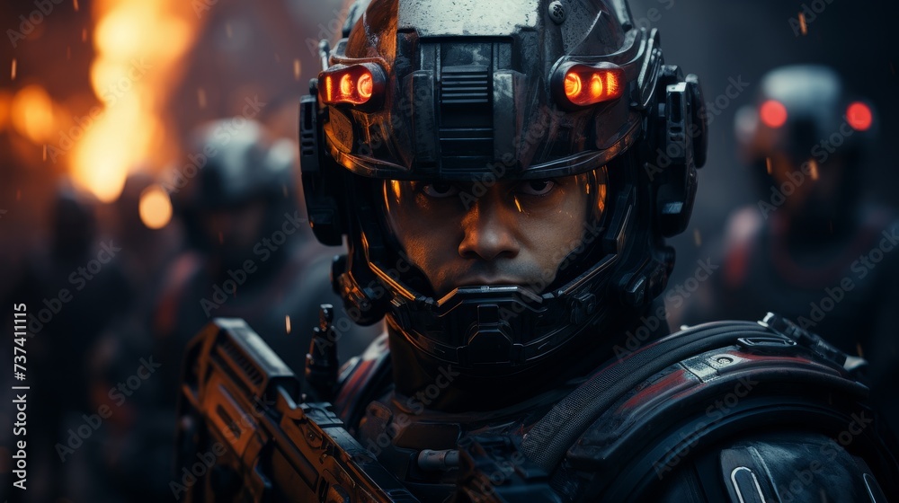 Fototapeta premium Futuristic Soldiers with Sci-Fi Weapon in Hands Ready for the Battle, Space War Concept