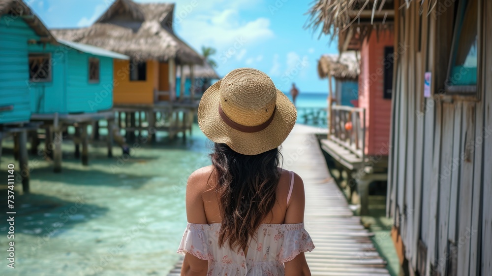 a woman in a straw hat standing on a pier looking out at a body of water with houses in the background.