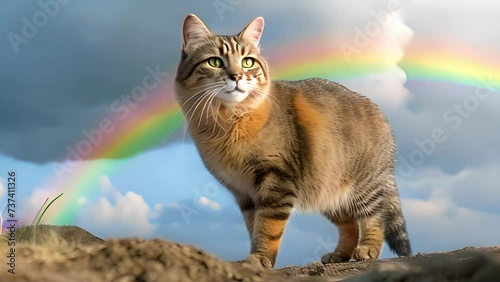 Cute pet cat is going to rainbow. Metaphor for pet's departure to afterlife photo